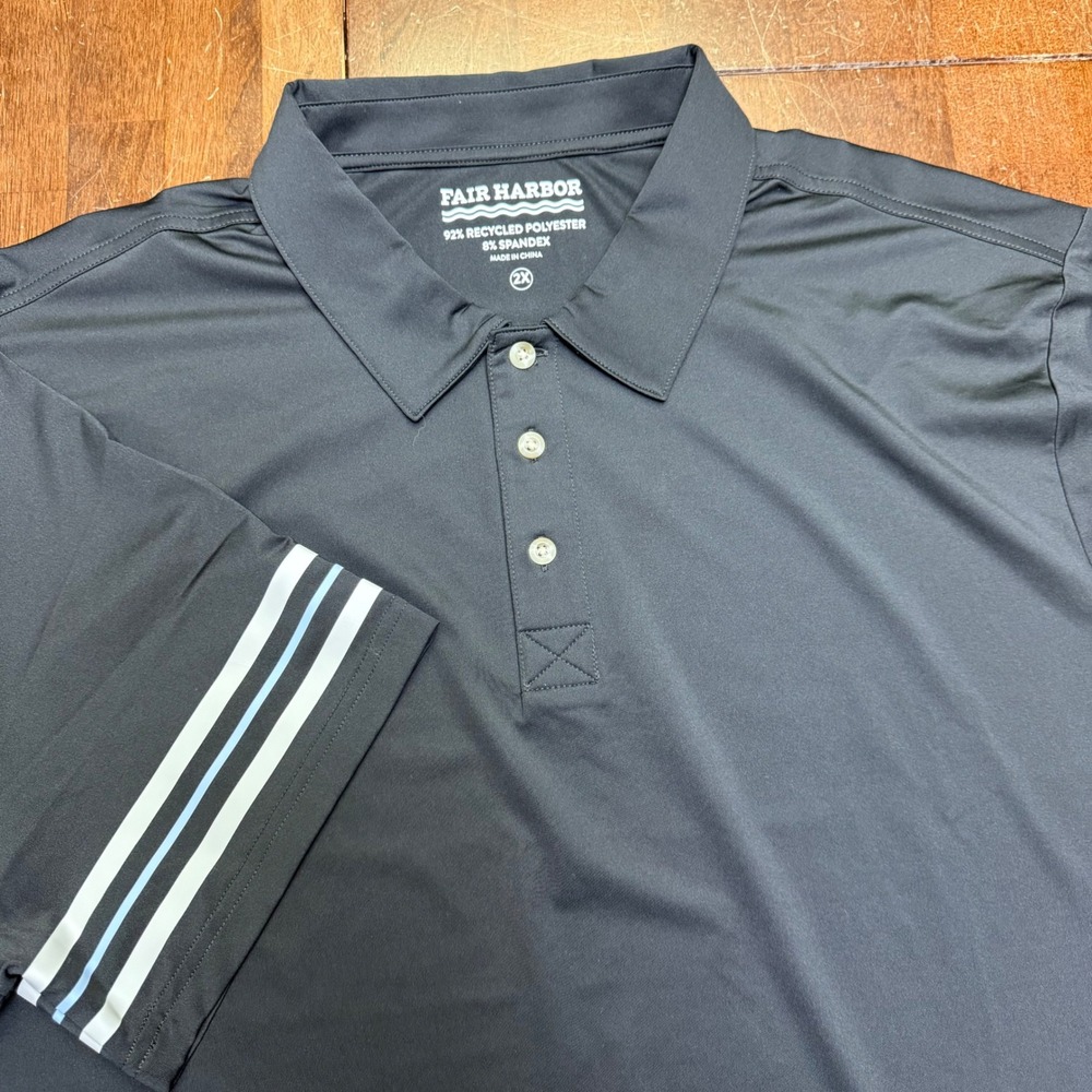 Fair Harbor Polo Shirt Mens 2X Black Performance Recycled Stretch Striped Sleeve